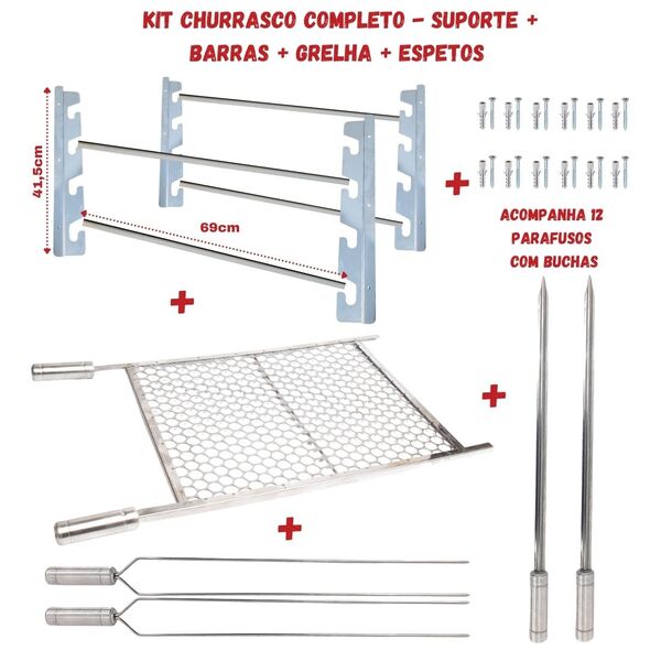 Kit Suporte Churrasqueira + Grelha Inox 70x50cm + 4 Espetos