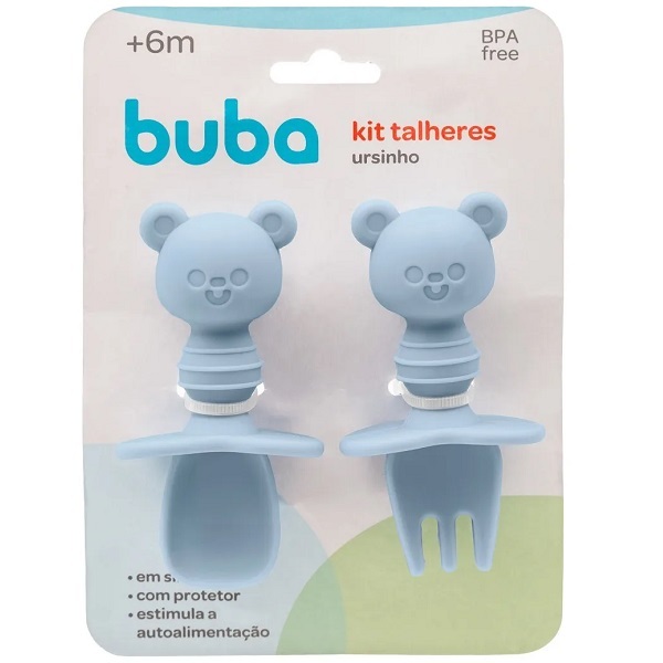 Kit Talheres Infantil Ursinho De Silicone Buba - Azul