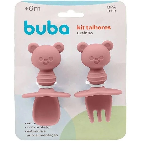 Kit Talheres Infantil Ursinho De Silicone Buba - Rosa