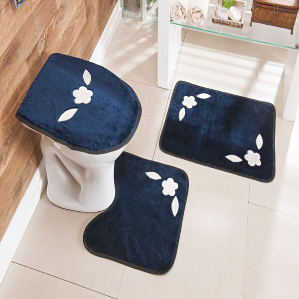 Kit Tapete Banheiro Bordado Premium Margarida Única Azul Mari