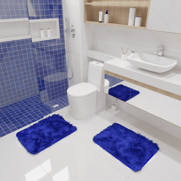 Kit Tapete Banheiro Felpudo Peludo Azul 40 X 60 Cm