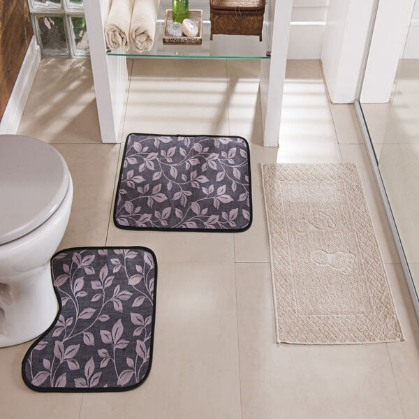 Kit Tapete Banheiro Floral Cinza Guga Tapetes 3 Peças