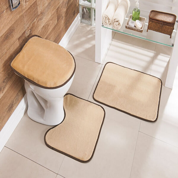 Kit Tapete Banheiro Liso Bege Guga Tapetes 3 Peças