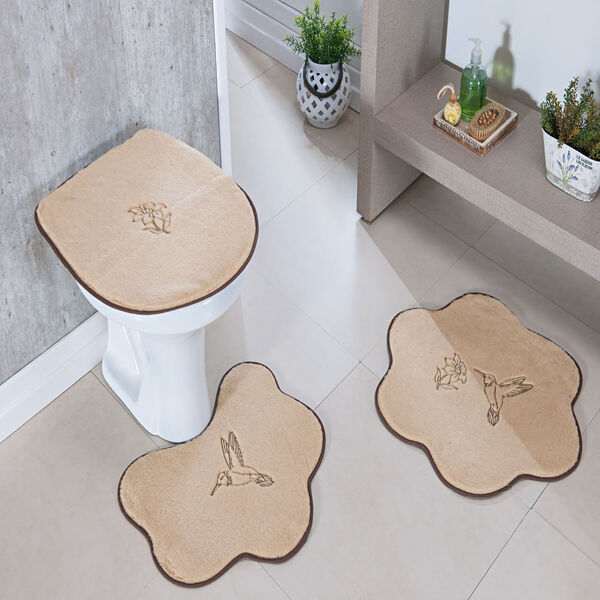 Kit Tapete Banheiro Premium Beija Flor Bege Guga Tapetes 3 Pe