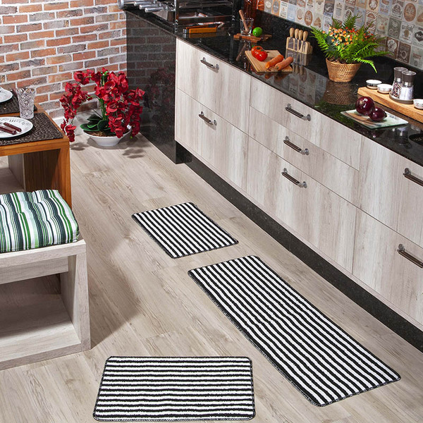 Kit Tapete Cozinha 3 Peças Listras Preto Modelo Ouro