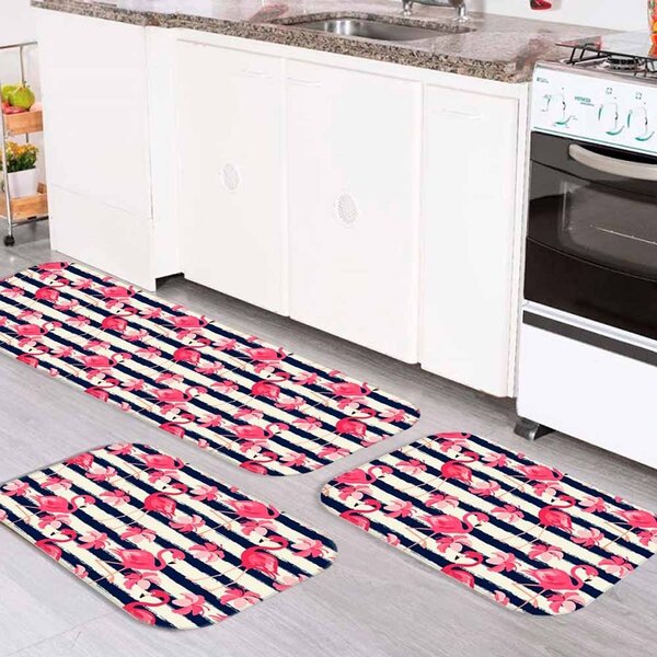 Kit Tapete de Cozinha Flamingos com Listras Único