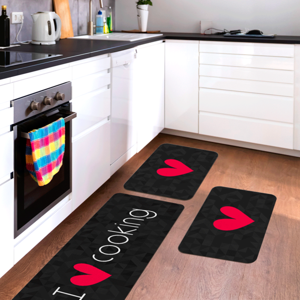 Kit Tapete De Cozinha I Love Cooking Preto  Único