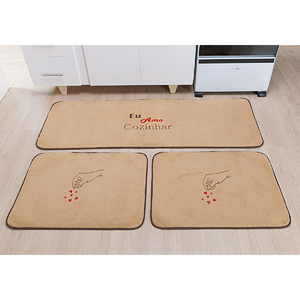 Foto de Kit Tapete Para Cozinha Bege Pelúcia Amo Cozinhar Bege 3 Peça