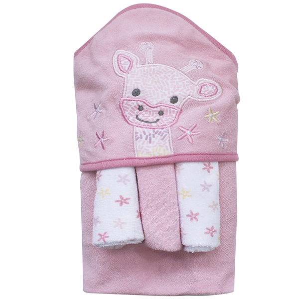 Kit Toalha Bordada Com Capuz E Toalha De Boca Girafa Rosa Cam