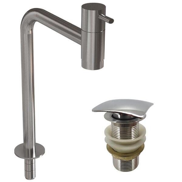 Kit Torneira Em Inox Escovado Bica Media E Válvula Click