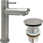 Kit Torneira Inox Escovado Bica Baixa E Válvula Click 1  1/4