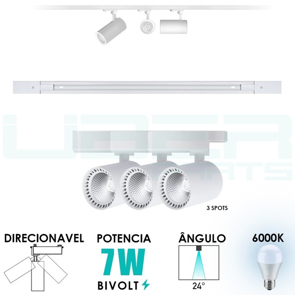 Kit Trilho Eletrificado 1m + 3 Spots Led 7w Branco Bf 6000k B