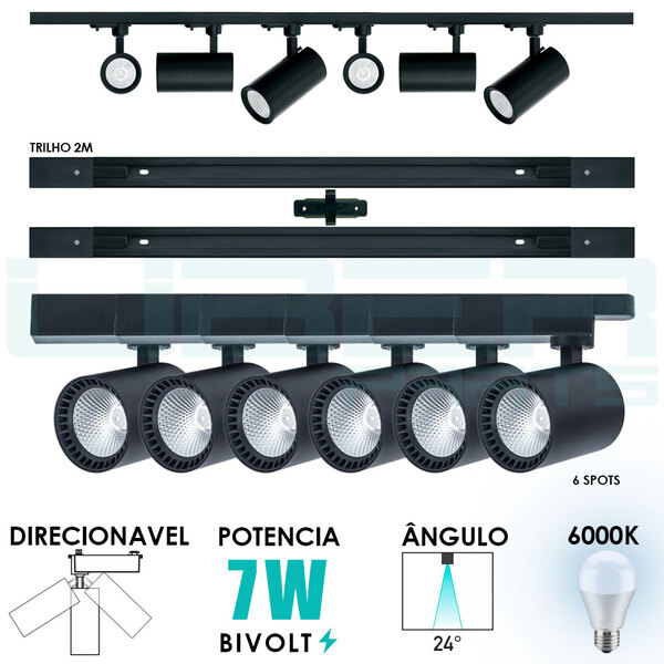 Kit Trilho Eletrificado 2m + 6 Spots Led 7w Bivolt Preto 6000k