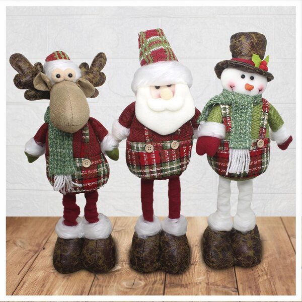 Kit Trio Bonecos De Natal Tecido Xadrez Natalino Pernas Ajust