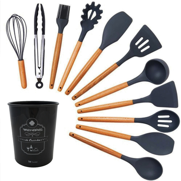 Kit Utensílios Cozinha Silicone Com Suporte 12 Peças Cabos Em