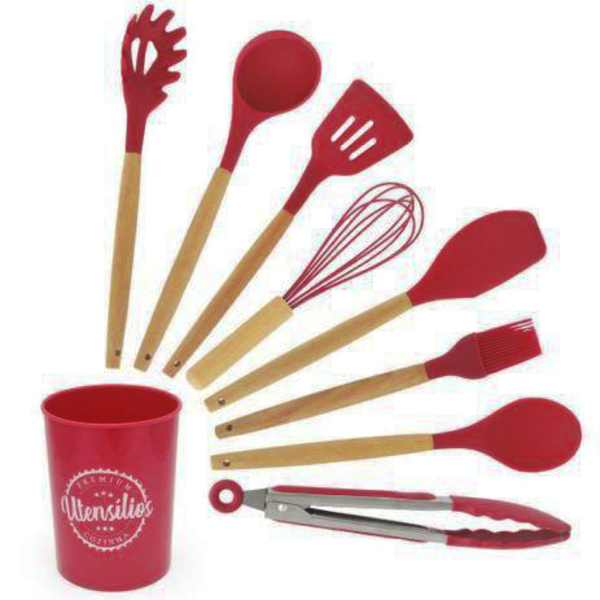 Kit Utensílios Cozinha Silicone Com Suporte 9 Peças Cabos Em