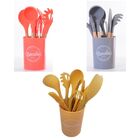 Kit Utensílios Cozinha Silicone Com Suporte 9 Peças Cabos Em