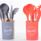 Kit Utensílios Cozinha Silicone Com Suporte 9 Peças Cabos Em