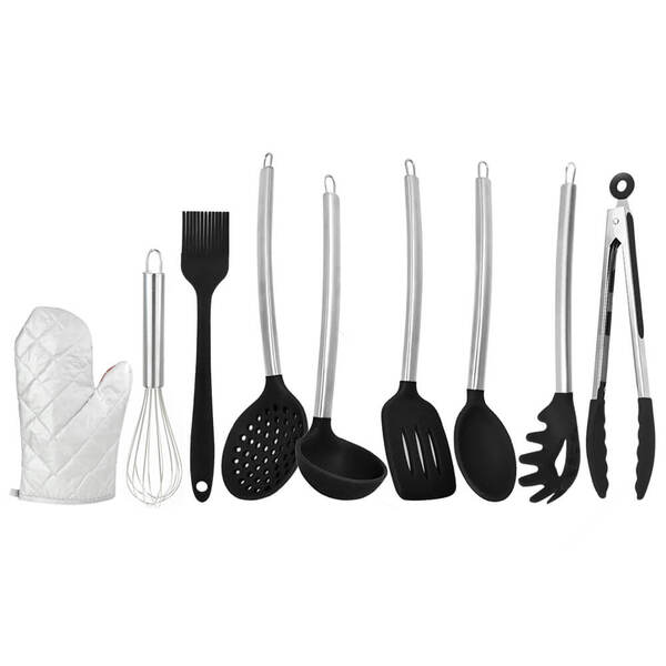 Kit Utensílios De Cozinha De Silicone Preto Cabo Inox K5b