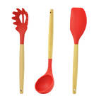 Kit Utensílios De Silicone Vermelho Cabo De Madeira 7 Peças