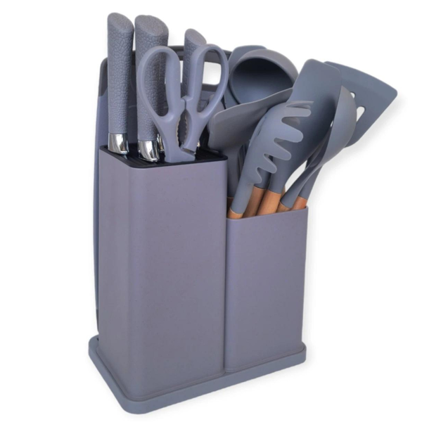 Kit Utensilios Para Cozinha 19 Peças Silicone Cinza