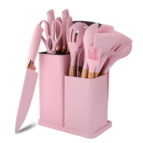 Kit Utensilios Para Cozinha 19 Peças Silicone Rosa