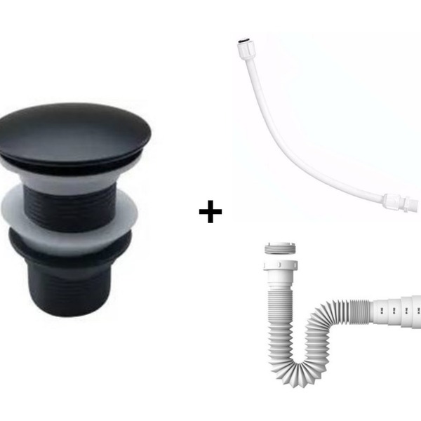 Kit Valvula Click 1 1/4 Black Preta Inox + Sifão + Engate