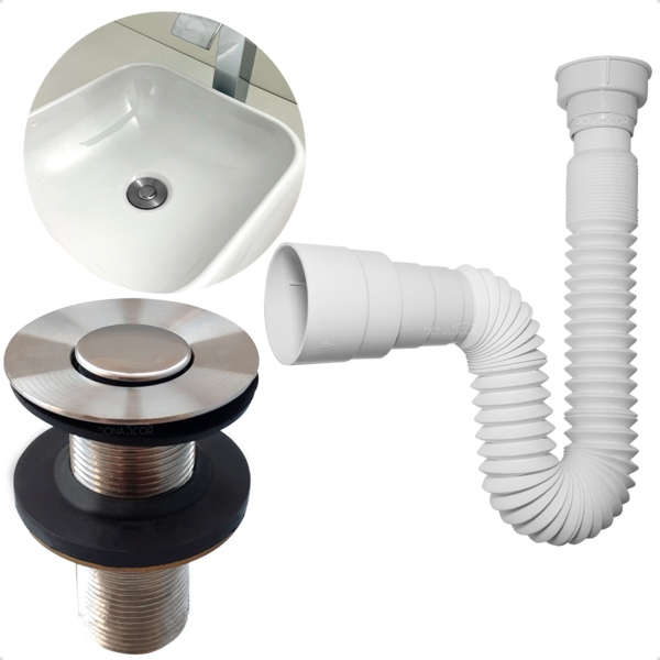 Kit Válvula Click 7/8 Inox Ralo De Pia Banheiro E Sifão Flexí