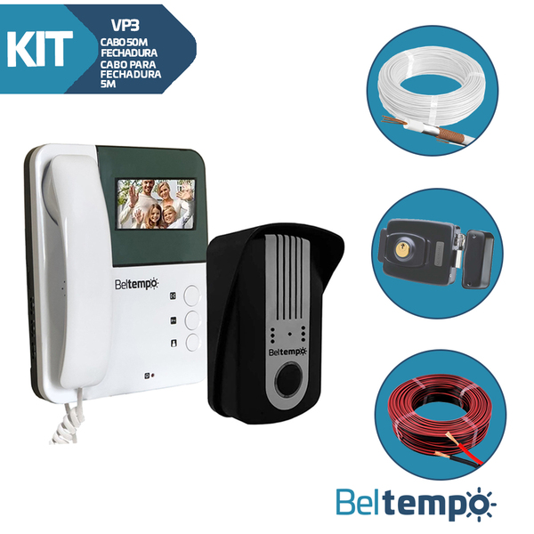 Kit Vp3 + Cabo Para Videoporteiro 50m + Fechadura Pt-710 + Ca