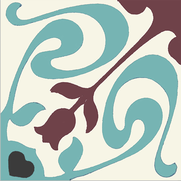 Ladrilho Hidráulico Quadrado Tulipa Turquesa e Vinho 20x20cm Oficina Yby