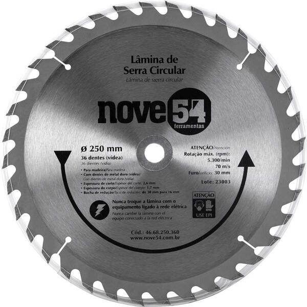 Lâmina De Serra Circular Vídea 250mm 36 Dentes Nove54