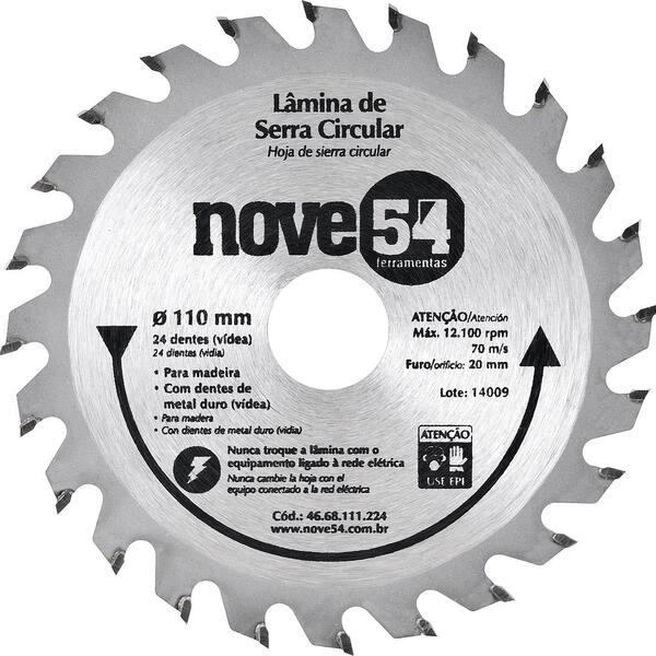 Lamina Serra Circular Vídea 110x20x1,8mm 24 Dentes 12100 Rpm