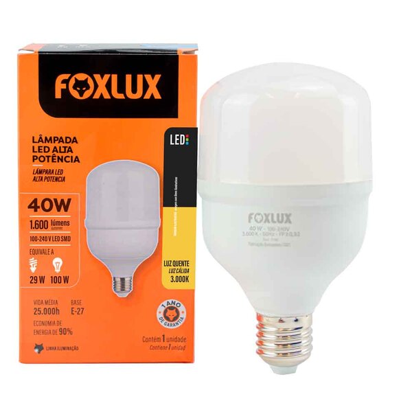 Lâmpada Led Alta Potência Foxlux 40w 3000k Branca Quente 3200