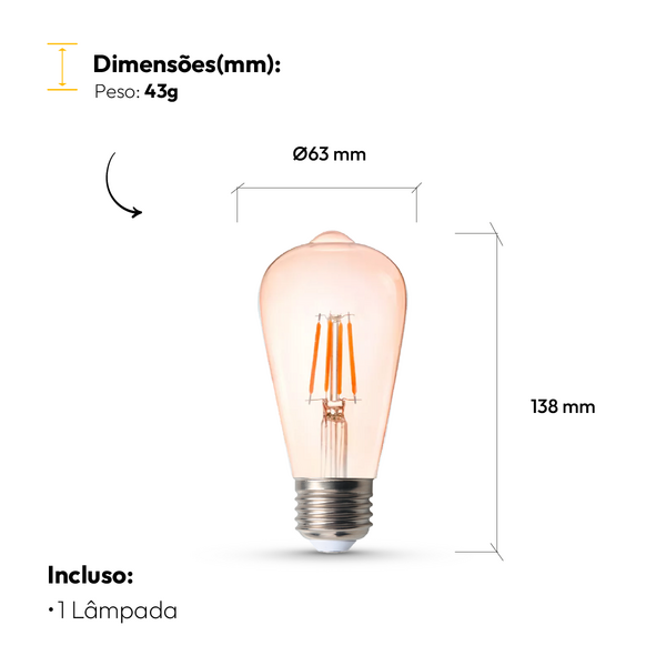 Lampada Led Filamento St64 4w 2200k Branco Quente E27 110v/220v