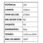 Lâmpada Led Halopin G4 2w Branco Quente 110v L04827 Starlux S