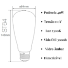 Lâmpada Retrô St64 Carbono Dimerizável Âmbar 40w 110v