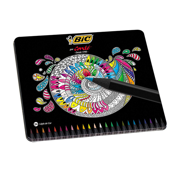 Lapis De Cor + Estojo Metal 24 Cores Premium Cores Vivas Bic