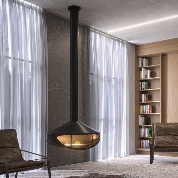 Lareira Suspensa De Teto Aurora + Queimador Em Aço Inox Preto