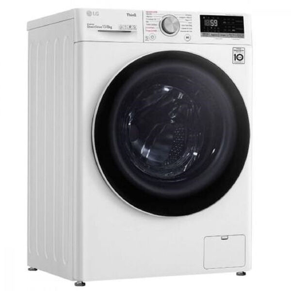 máquina de lavar na cor branca, com porta na parte frontal na cor preta