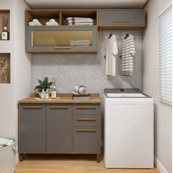 Lavanderia Modulada Balcão 3 Portas E 2 Armários Aéreos Com 1