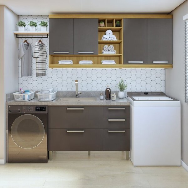 Lavanderia Modulada Burguesa Com 2 Armários Aéreos E 1 Balcão