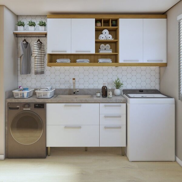 Lavanderia Modulada Com 2 Armários Aéreos E 1 Balcão 2 Portas