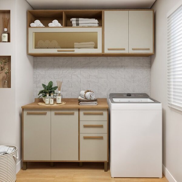 Lavanderia Modulada Com 2 Armários Aéreos E Balcão 3 Portas S