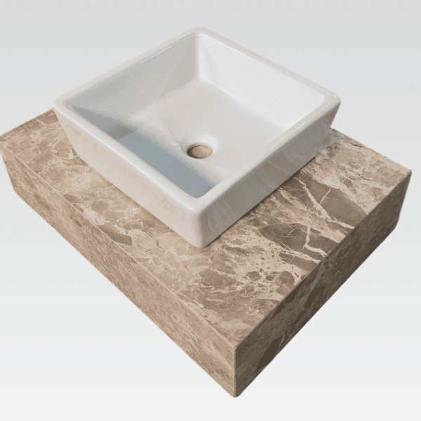 Lavatório Em Marmore Bege Bahia C/ Cuba Quadrada De Sobrepor