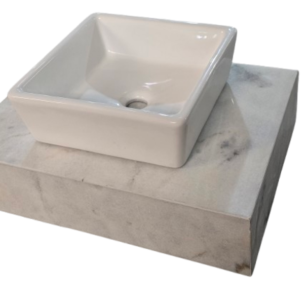 Lavatório Em Marmore Branco C/ Cuba Quadrada De Sobrepor 80cm