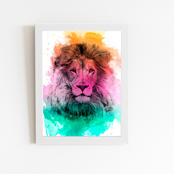 Leão Animais Arte Aquarela Quadro Moldura Branca 60x40cm