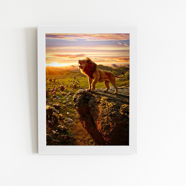 Leão Rugindo Montanha Animais Quadro Moldura Branca 60x40cm