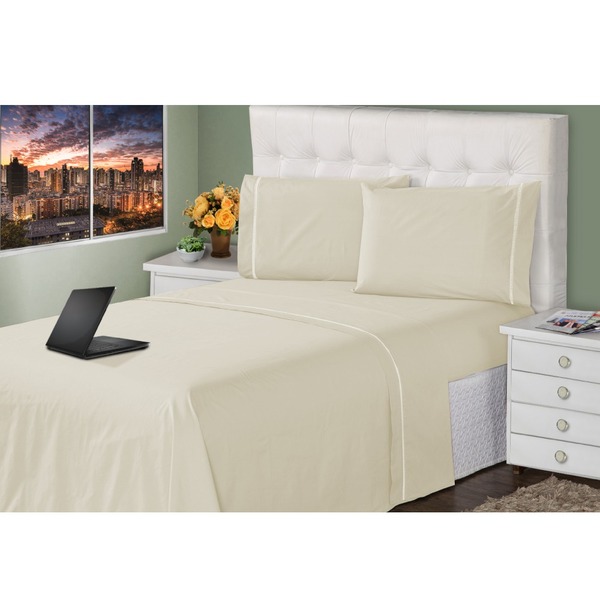 Lençol Casal 3 Peças Bege 400 Fios Toque Macio Ponto Palito C