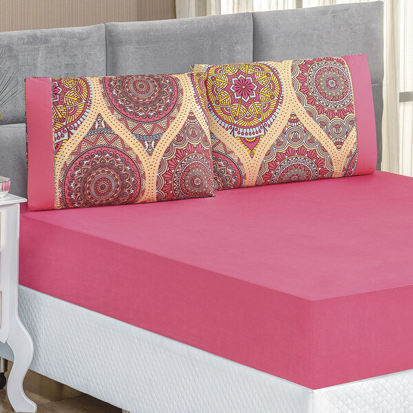 Lençol De Cama Casal 200 Fios Rosa 3 Peças Lençol Com Elástic