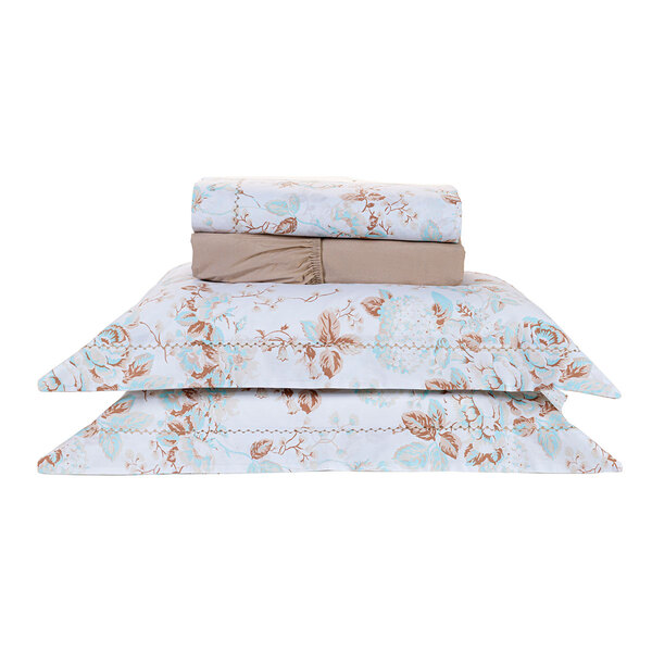 Lençol Estampado Queen Size Floral Bege 200 Fios 100% Algodão